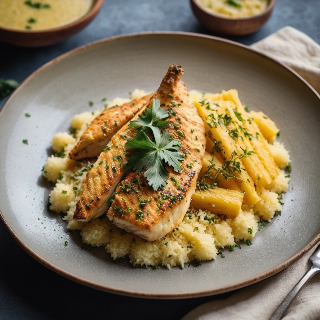 Golden chicken breasts over orange polenta, drizzled with melted butter and sprinkled with parmesan.