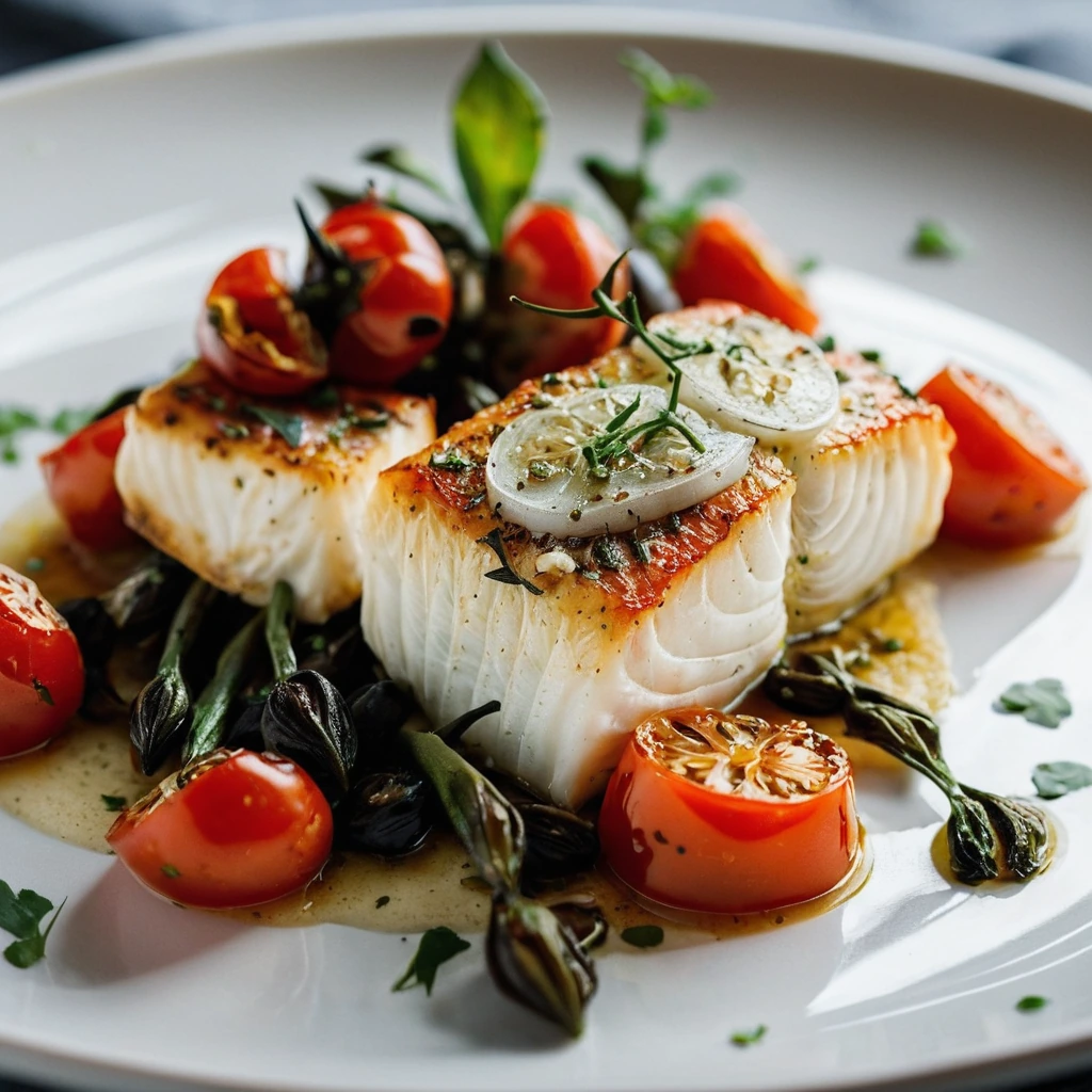 Golden roasted tomatoes nestled beside a perfectly seared piece of cod drizzled with garlic butter sauce.