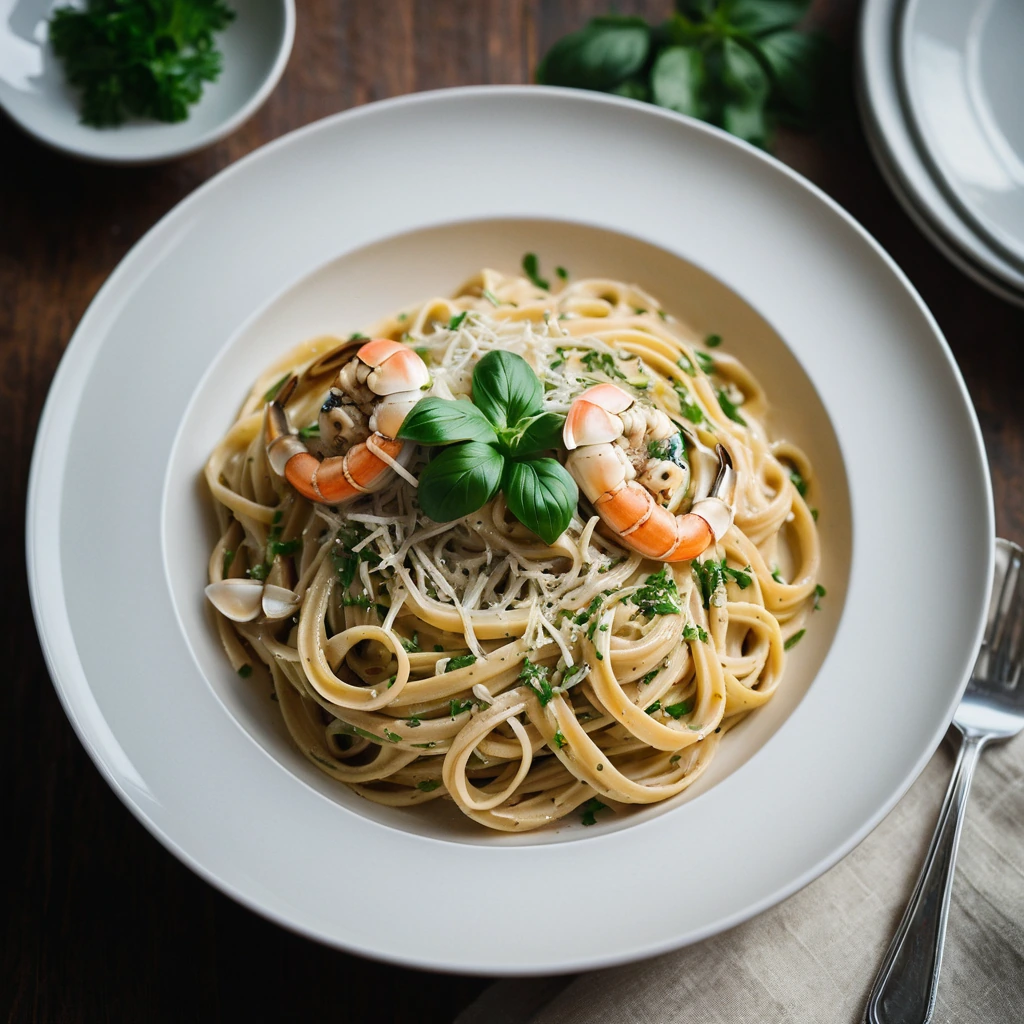 Golden linguine pasta in a glossy garlic butter sauce topped with flaked crab meat and parsley.