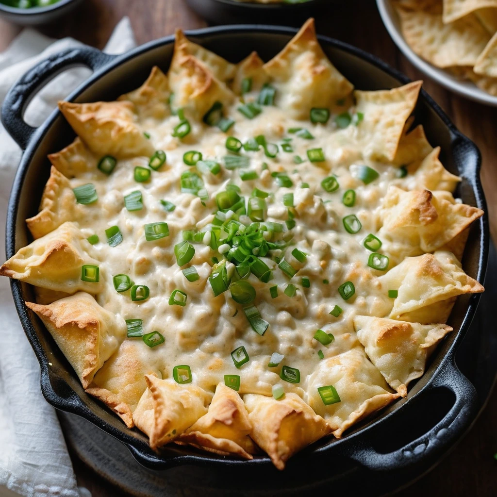 Golden, bubbly dip in a cast iron skillet with melted cheese on top, sprinkled with green onions.
