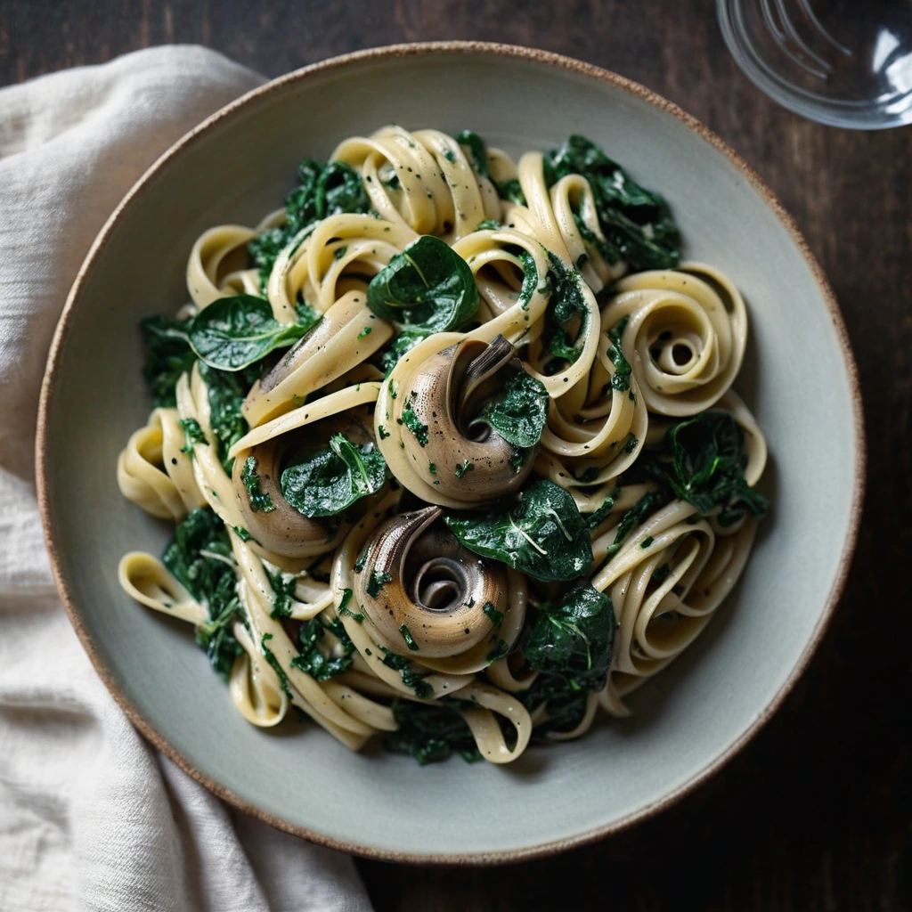 Golden pasta twirled with glossy garlic butter sauce, mushrooms, and wilted spinach in a rustic bowl.