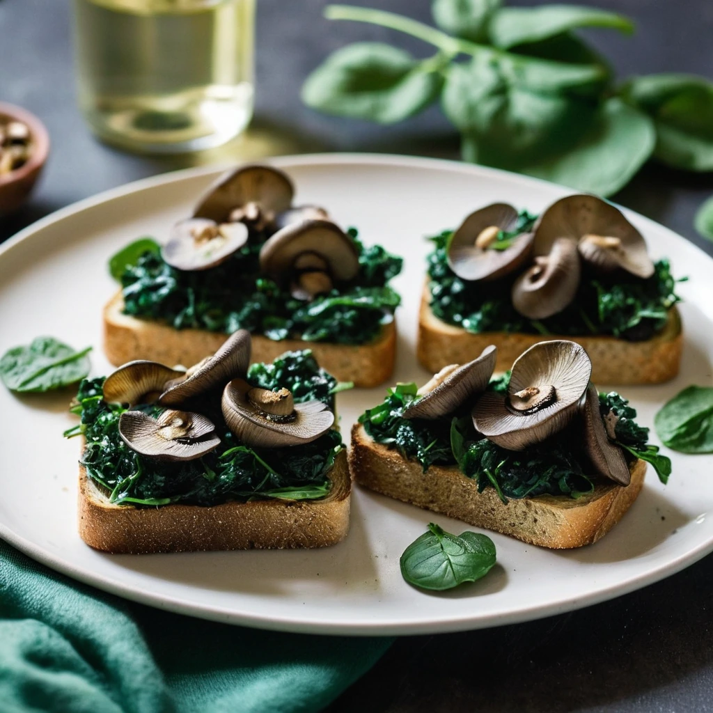 Crispy golden toasts topped with a vibrant green and brown mixture of mushrooms and spinach, drizzled with golden garlic butter.