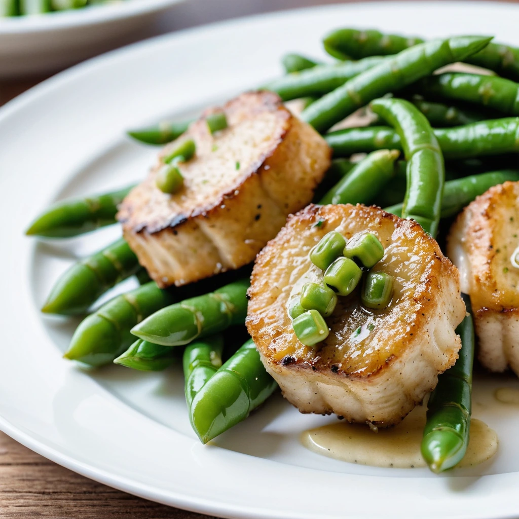 Golden pork bites and vibrant green beans in a glossy garlic butter sauce on a white plate.