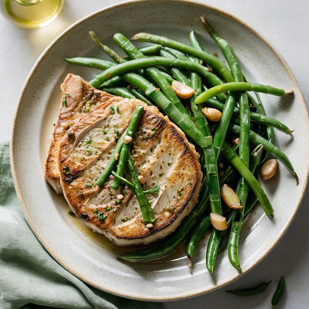 Golden pork chops with green beans in a buttery skillet, garnished with fresh parsley.