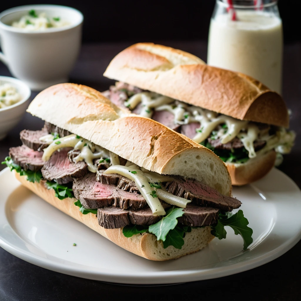 Prime rib slices with melted garlic butter in a toasted hoagie roll, sprinkled with fresh parsley.