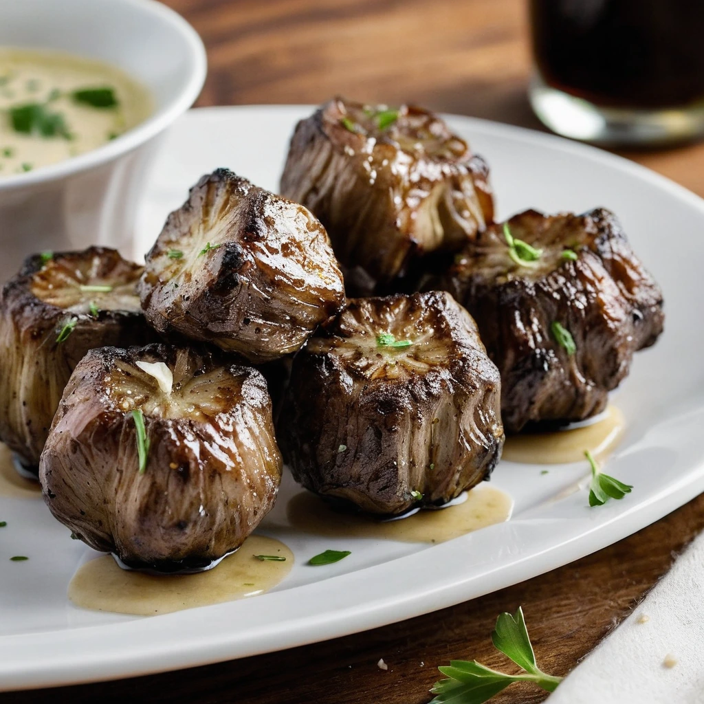 Golden-brown ribeye steak bites on a white plate with melted garlic butter glaze