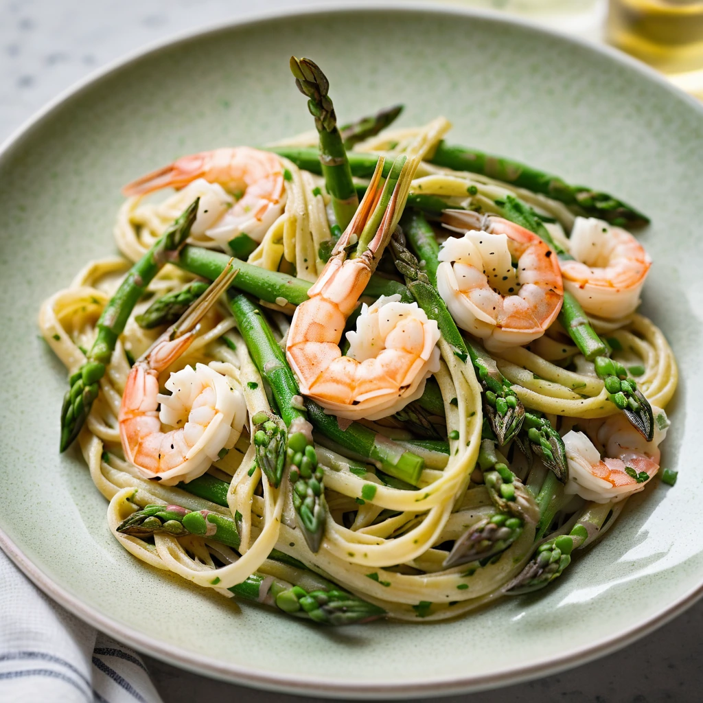 Golden shrimp and green asparagus in creamy sauce over twirled linguine, garnished with parsley.