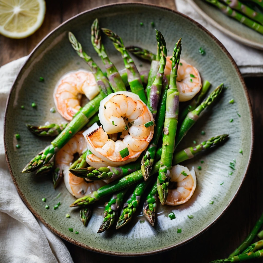 Shrimp and asparagus in a sizzling skillet with a glossy garlic butter sauce, served on a rustic plate.