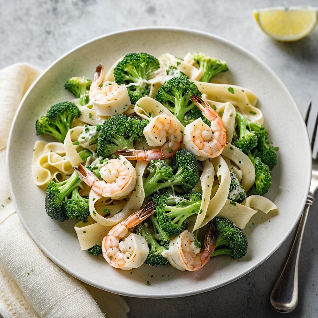 Plump shrimp and florets of broccoli twined with ribbons of pasta in a creamy white sauce, golden garlic specks visible.