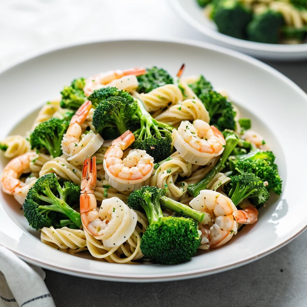 Golden shrimp and vibrant green broccoli in a creamy garlic butter sauce over pasta in a white bowl.