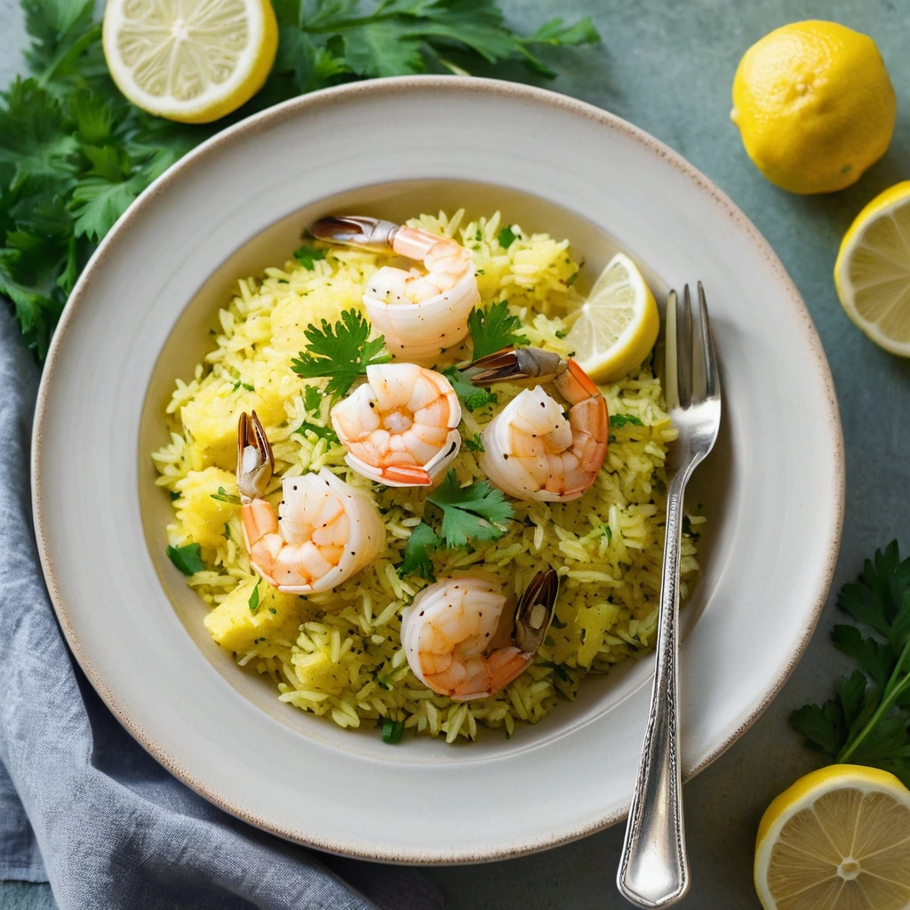 Golden shrimp with vibrant green parsley over yellow lemon-infused rice.