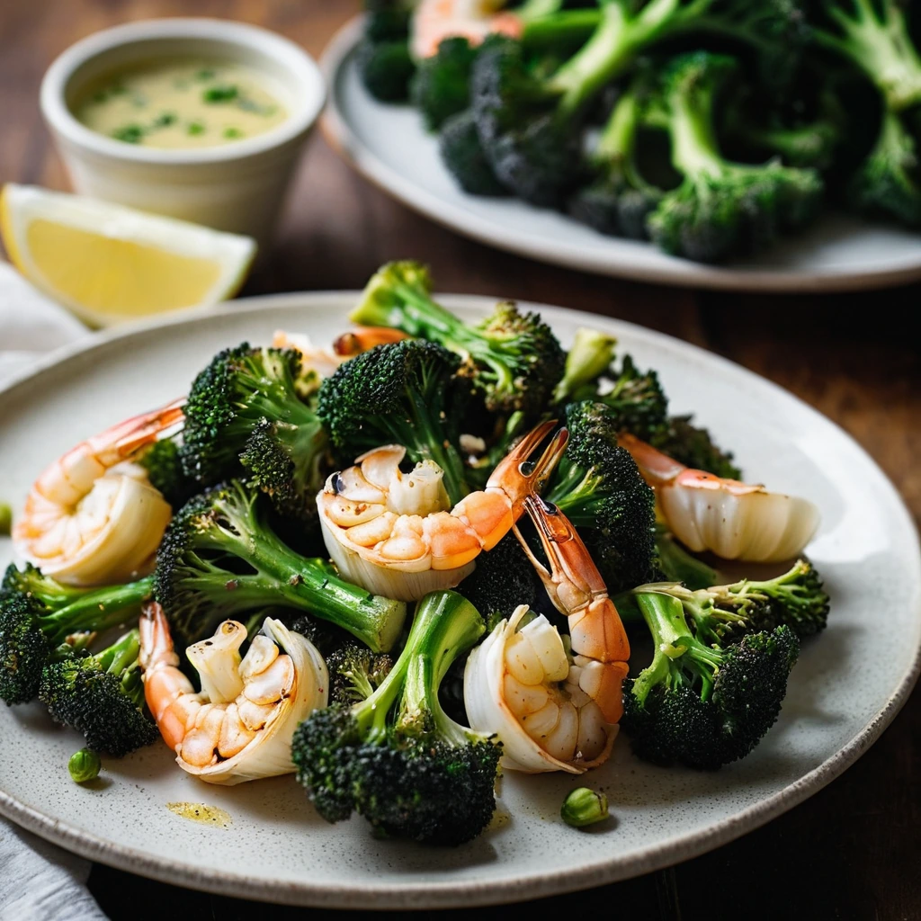 Golden roasted broccoli florets and glossy shrimp on a plate with a drizzle of butter sauce.