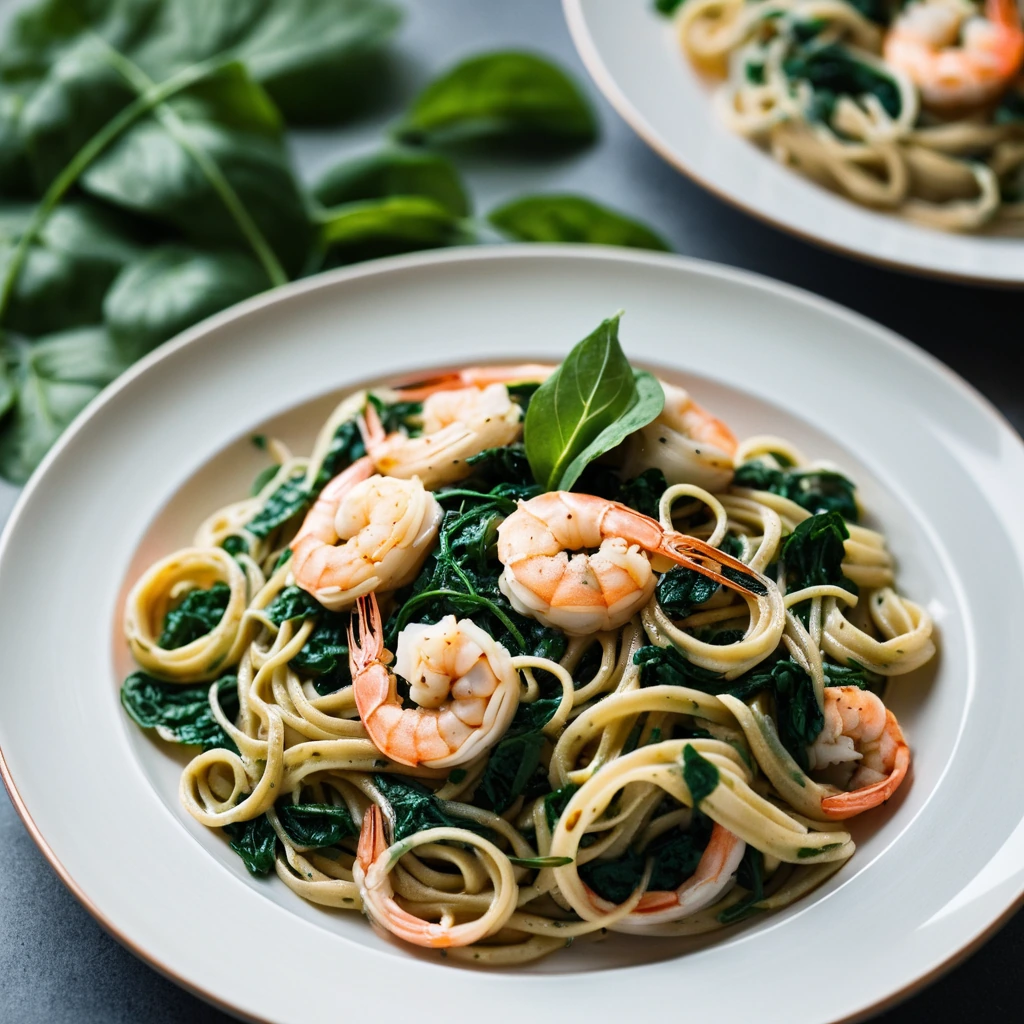 Golden shrimp and vibrant spinach atop twirled linguine with a glossy butter sauce.