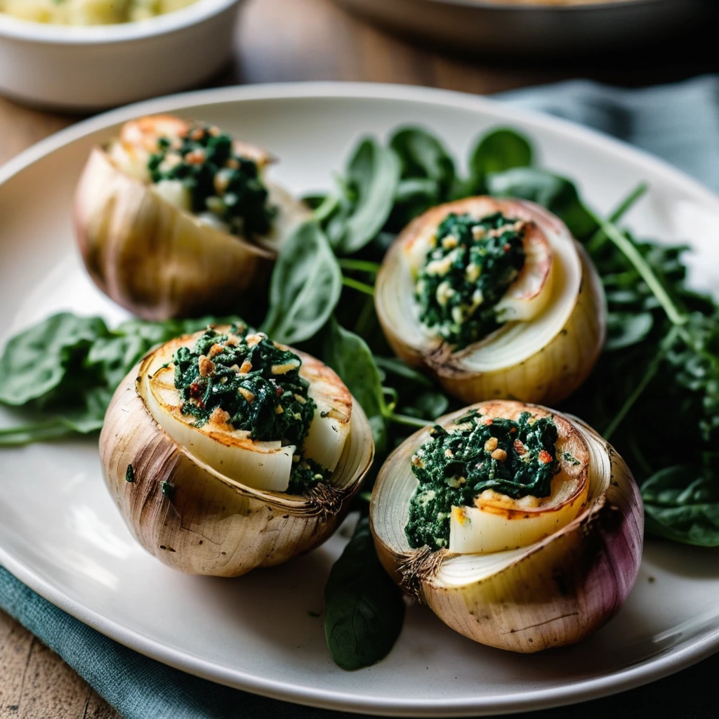 Four baked potatoes stuffed with shrimp and spinach, drizzled with golden garlic butter.