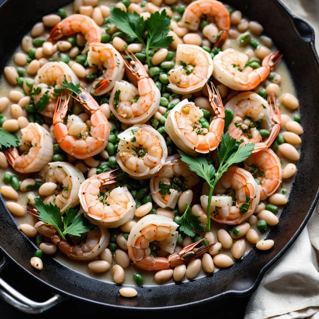 Golden shrimp and white beans sizzling in a skillet with a glossy garlic butter sauce, garnished with fresh parsley.