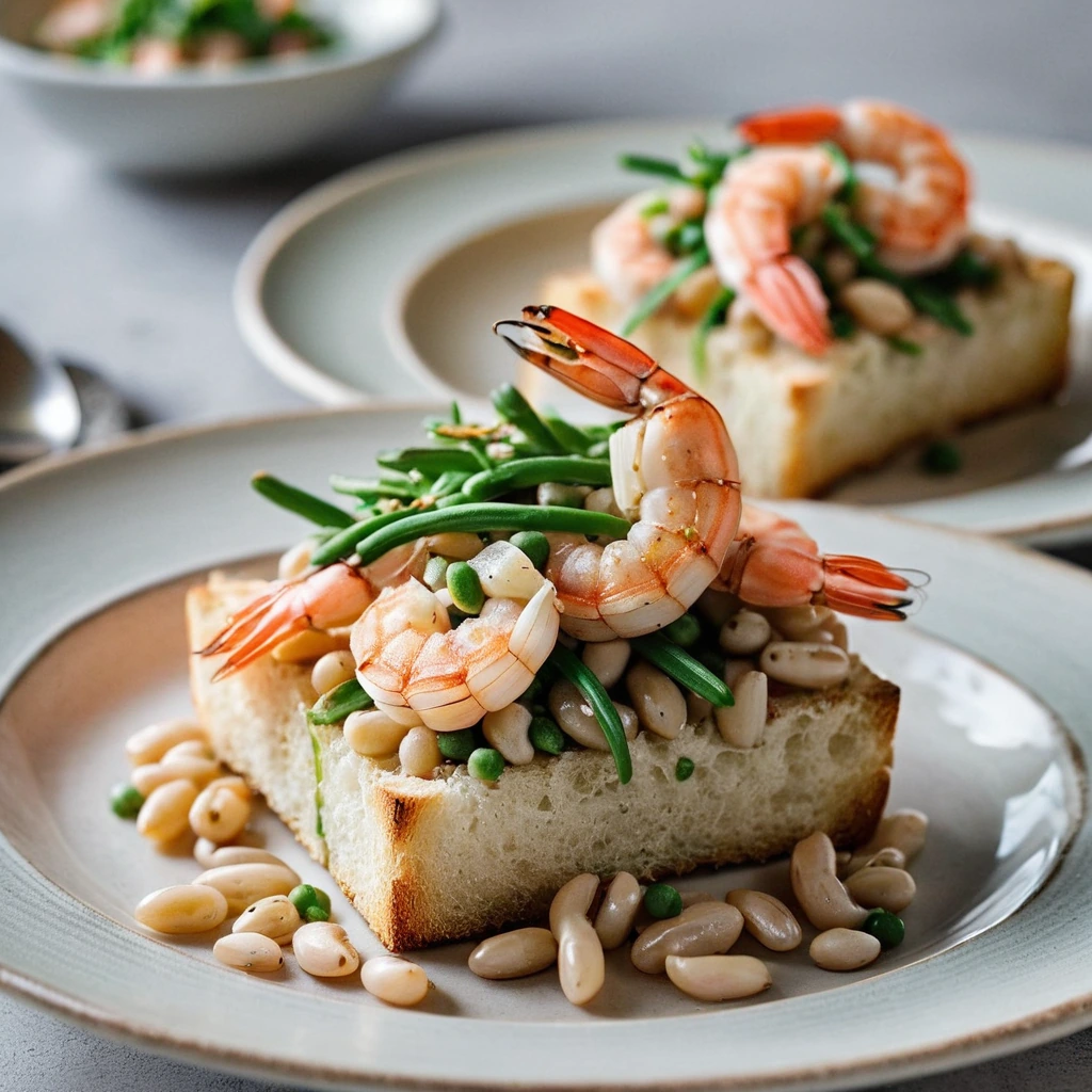 Golden toasts topped with plump pink shrimp and white beans, drizzled with a golden garlic butter sauce.