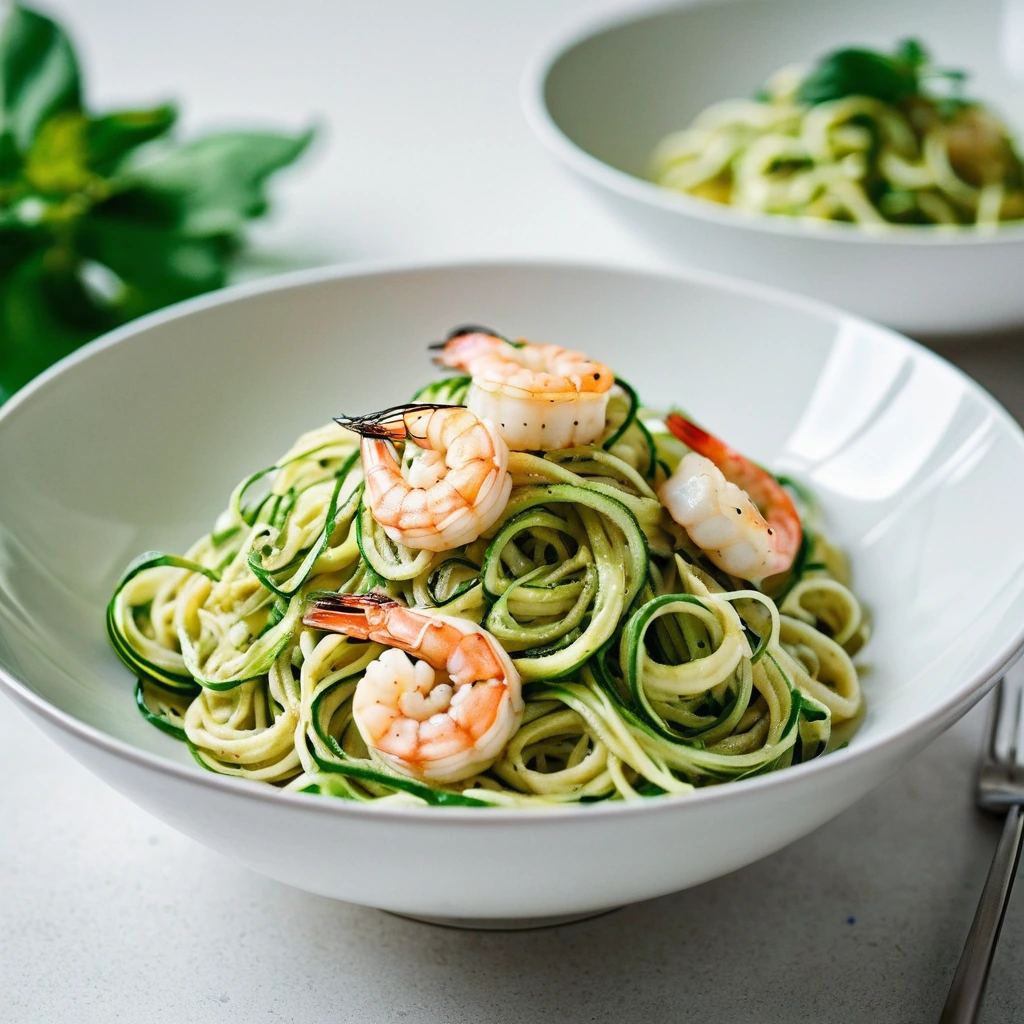 Golden shrimp with green zucchini noodles in a glossy garlic butter sauce served in a white bowl.