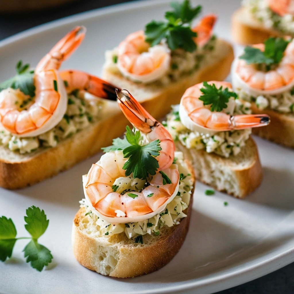 Appetizer plate of baguette slices topped with plump shrimp and drizzled with golden garlic butter.