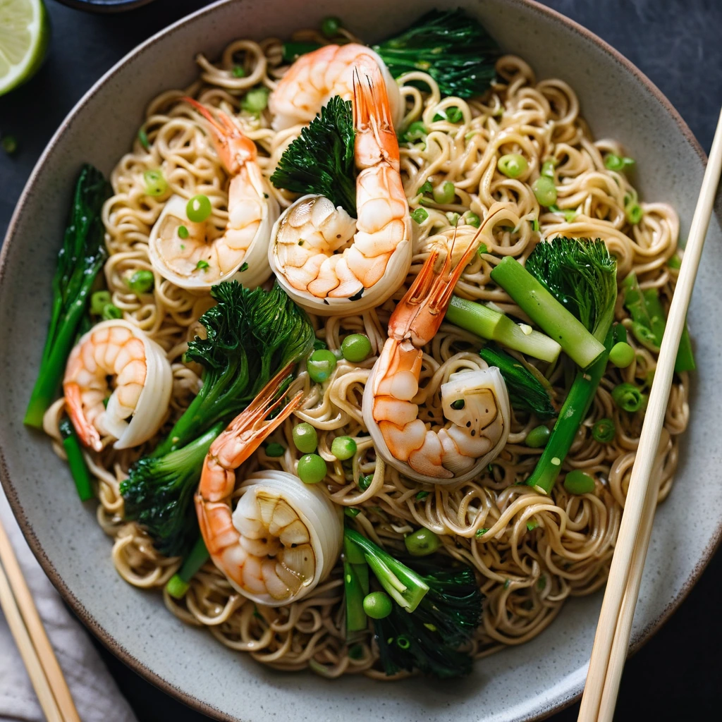 Golden shrimp and ramen noodles in a sizzling pan with green scallions and a glossy sauce