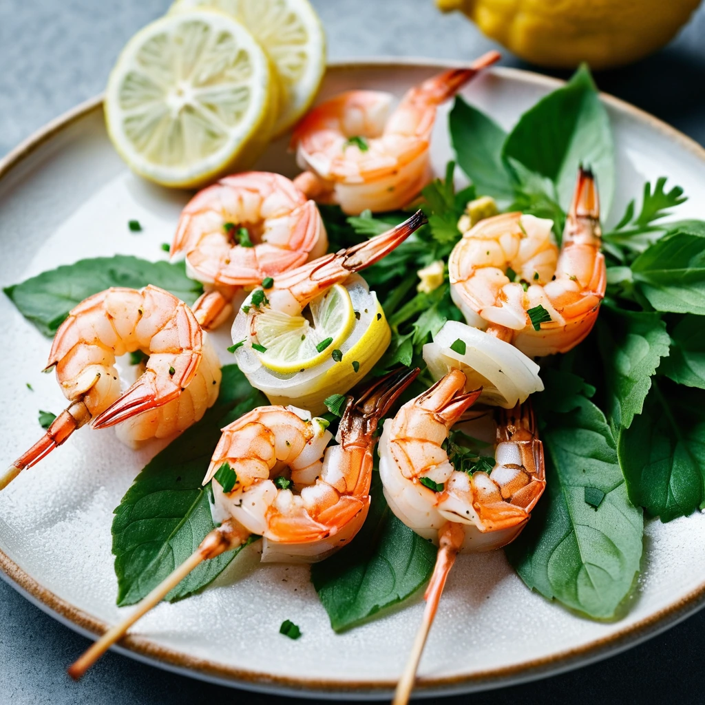 Grilled shrimp skewers on a plate garnished with lemon wedges and fresh parsley.