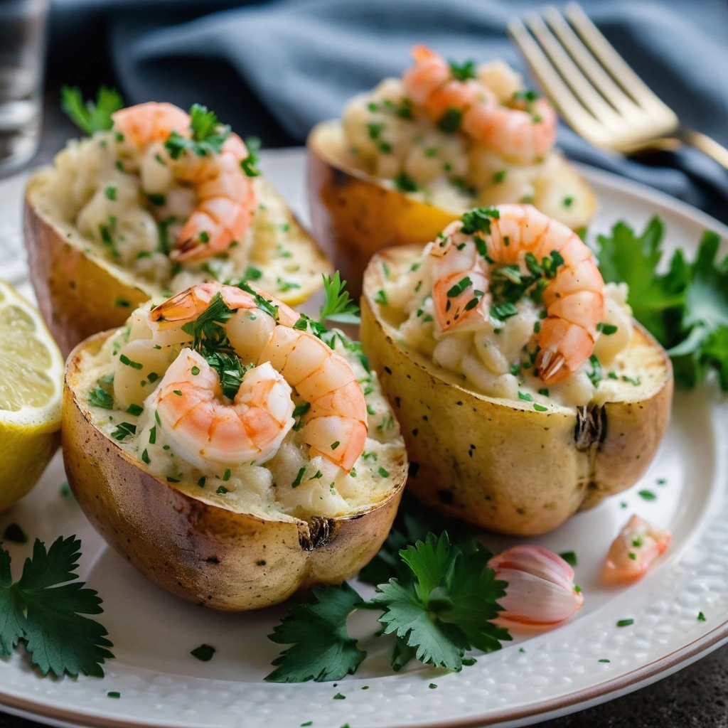 Four golden baked potatoes stuffed with pink shrimp and drizzled with a golden garlic butter sauce, garnished with fresh parsley.