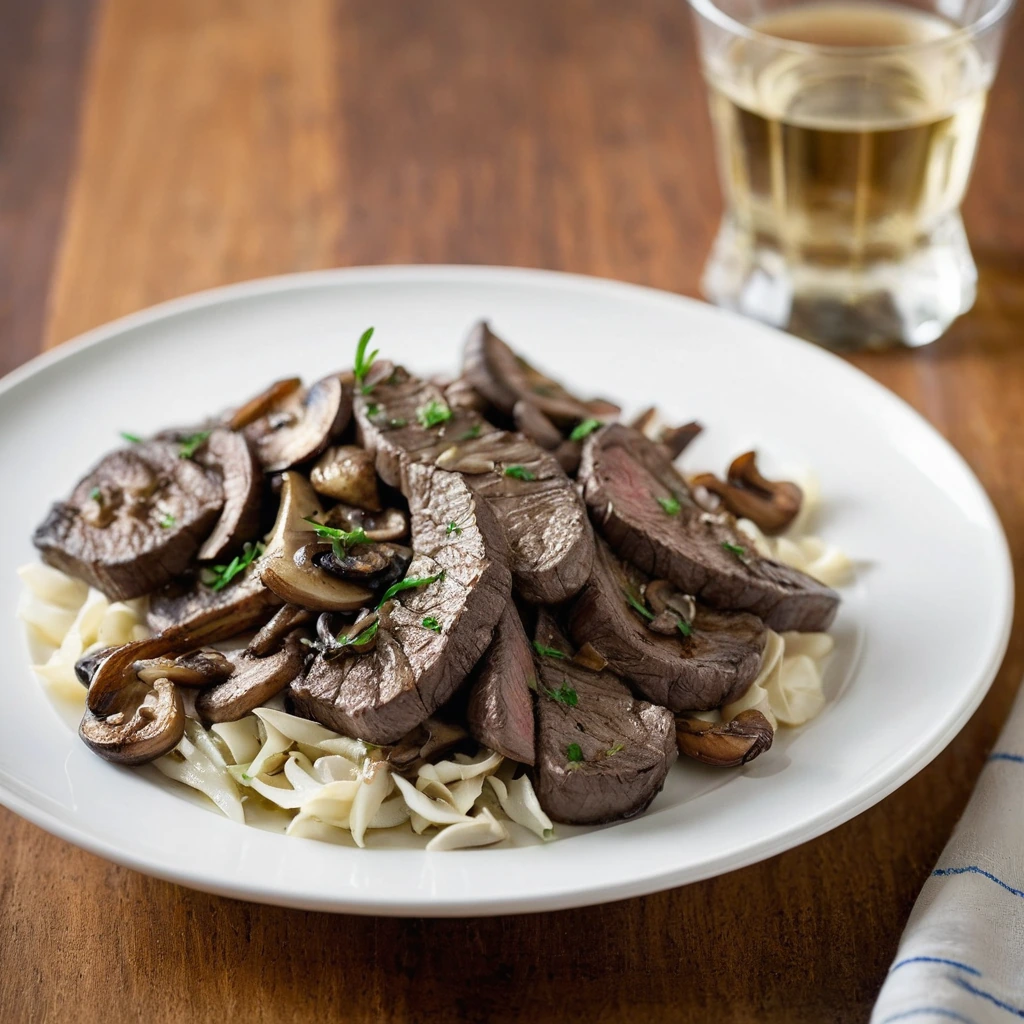 Sizzling golden-brown steak strips and glossy mushrooms in a garlic butter sauce on a white plate.