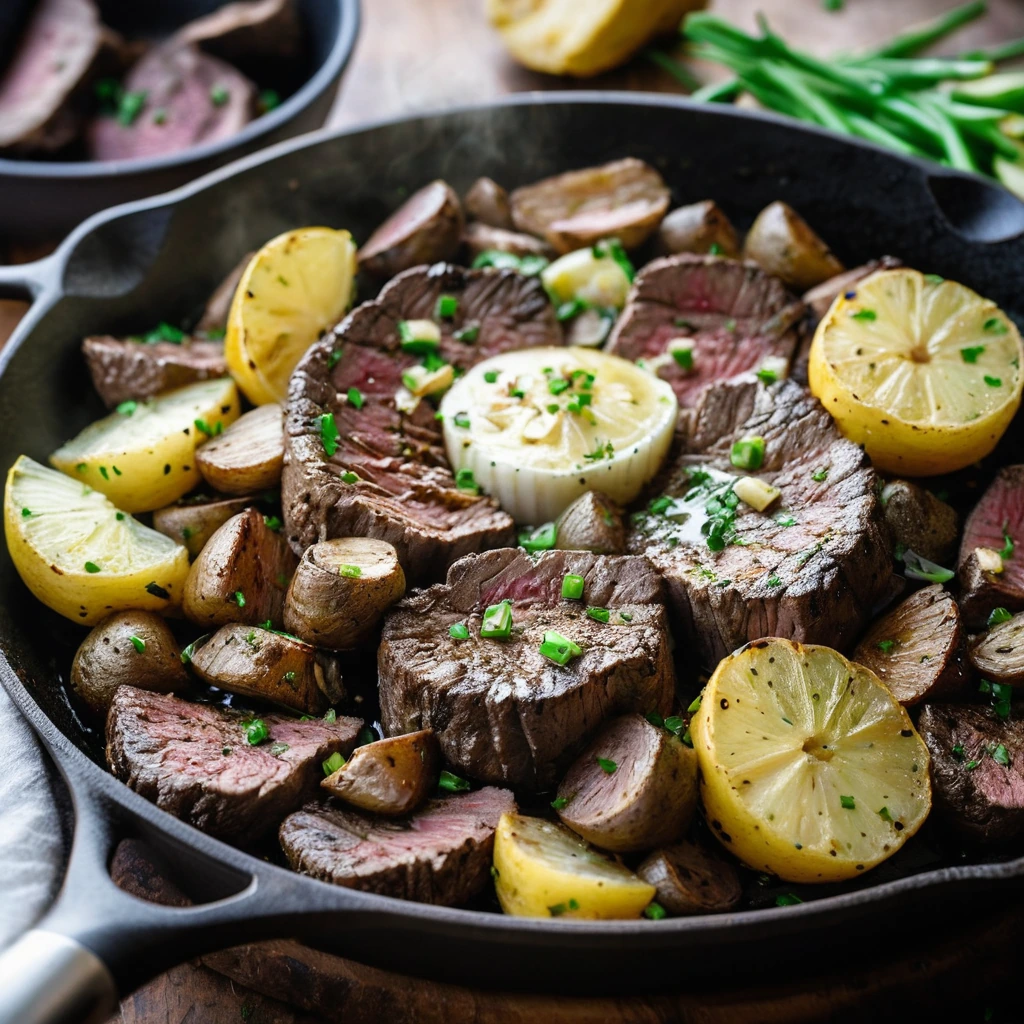Sizzling steak slices and golden potatoes in a skillet, topped with melted garlic butter and green onions.