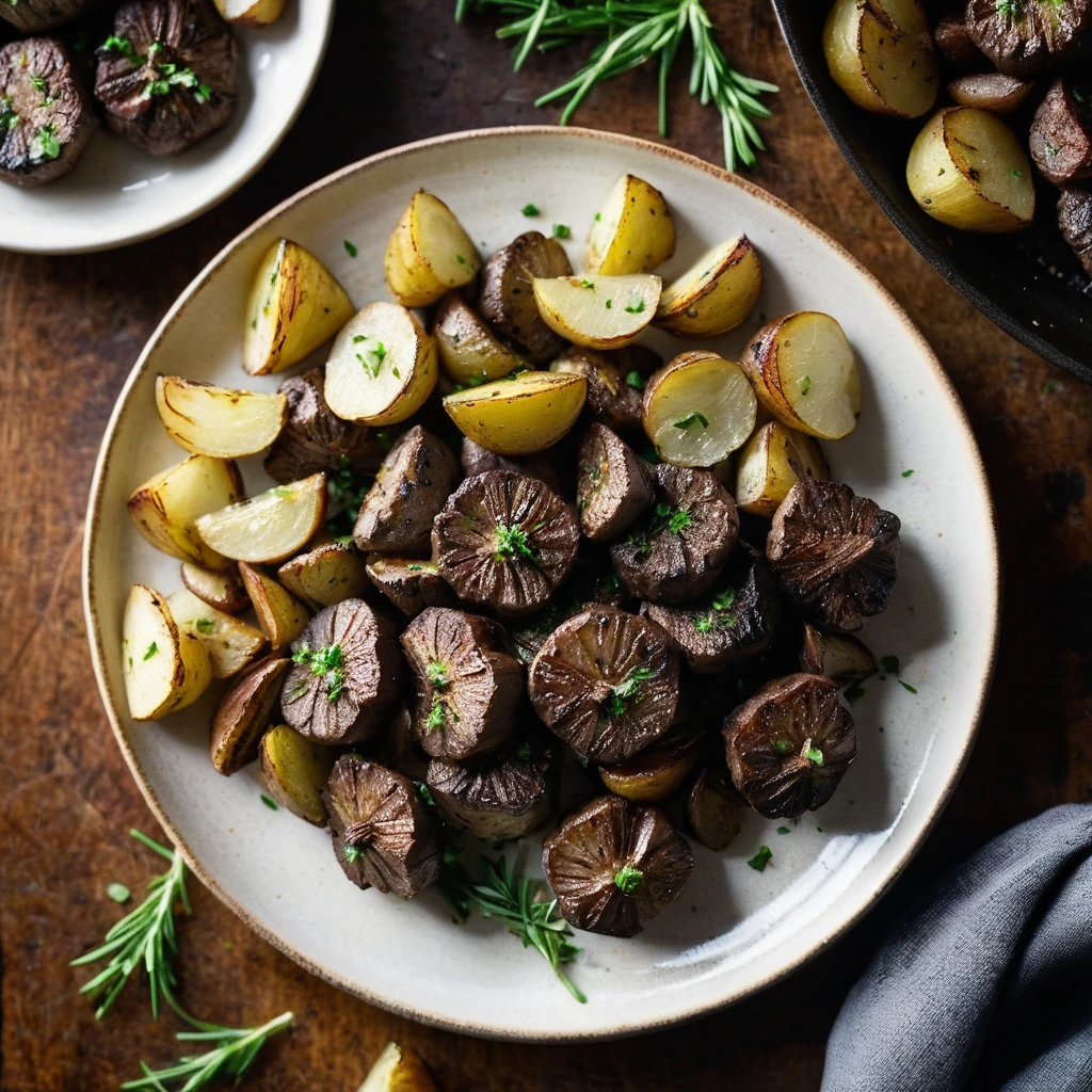 Skillet with seared steak bites and roasted potatoes, drizzled with golden garlic butter.