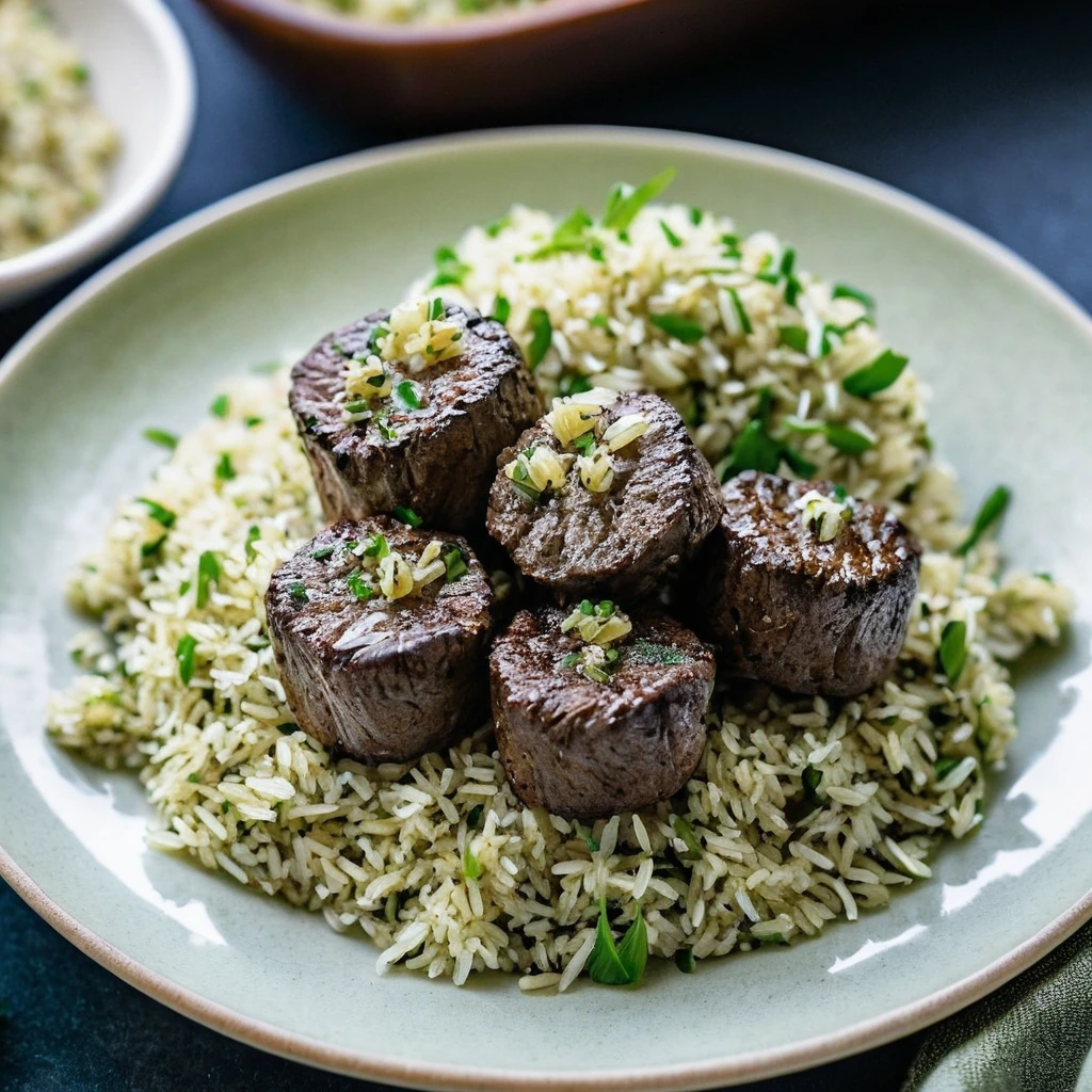 Plump steak bites resting on a bed of green-speckled rice, glistening with golden garlic butter.