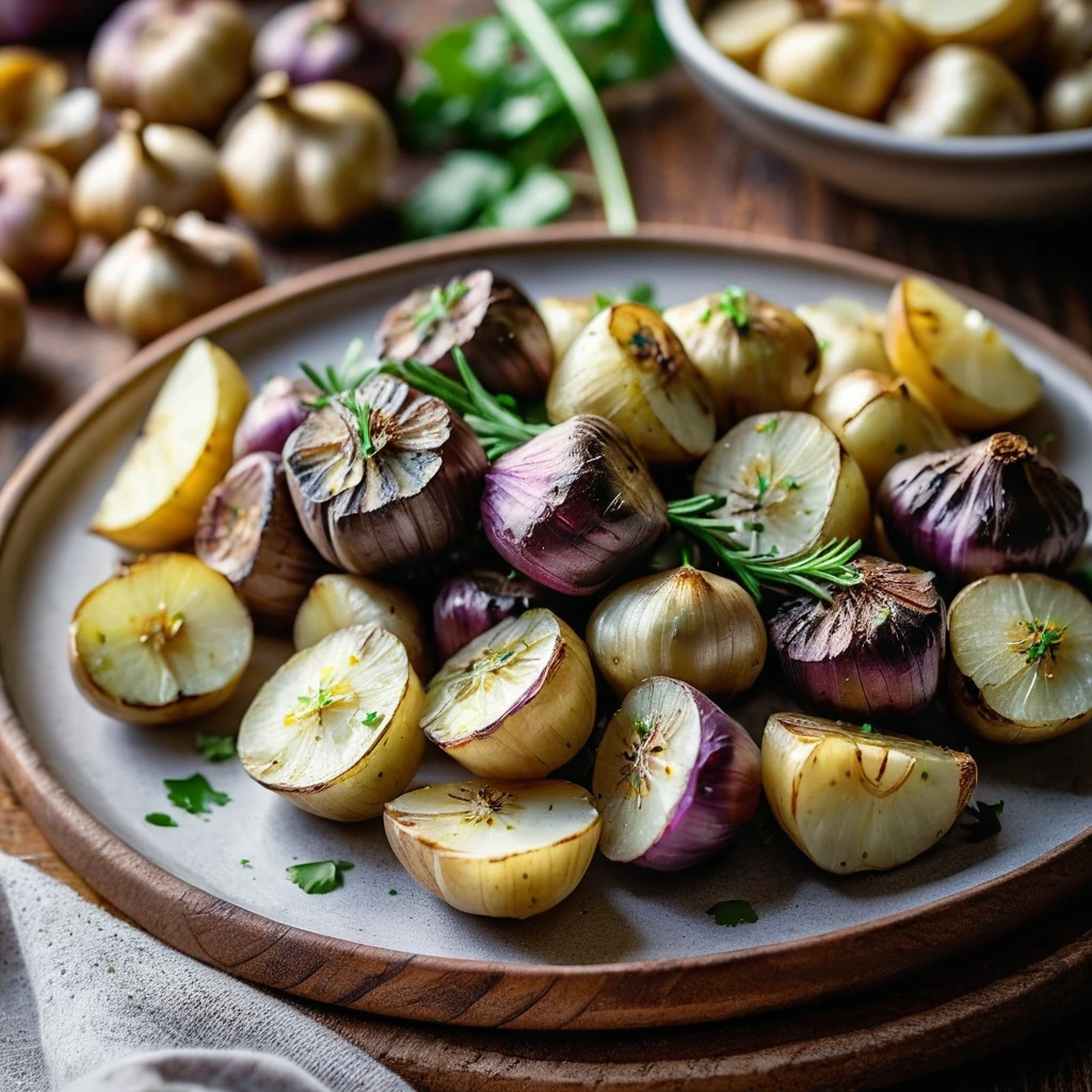 Plump steak bites in a glossy garlic butter sauce alongside crispy golden roasted potatoes on a rustic wooden board.