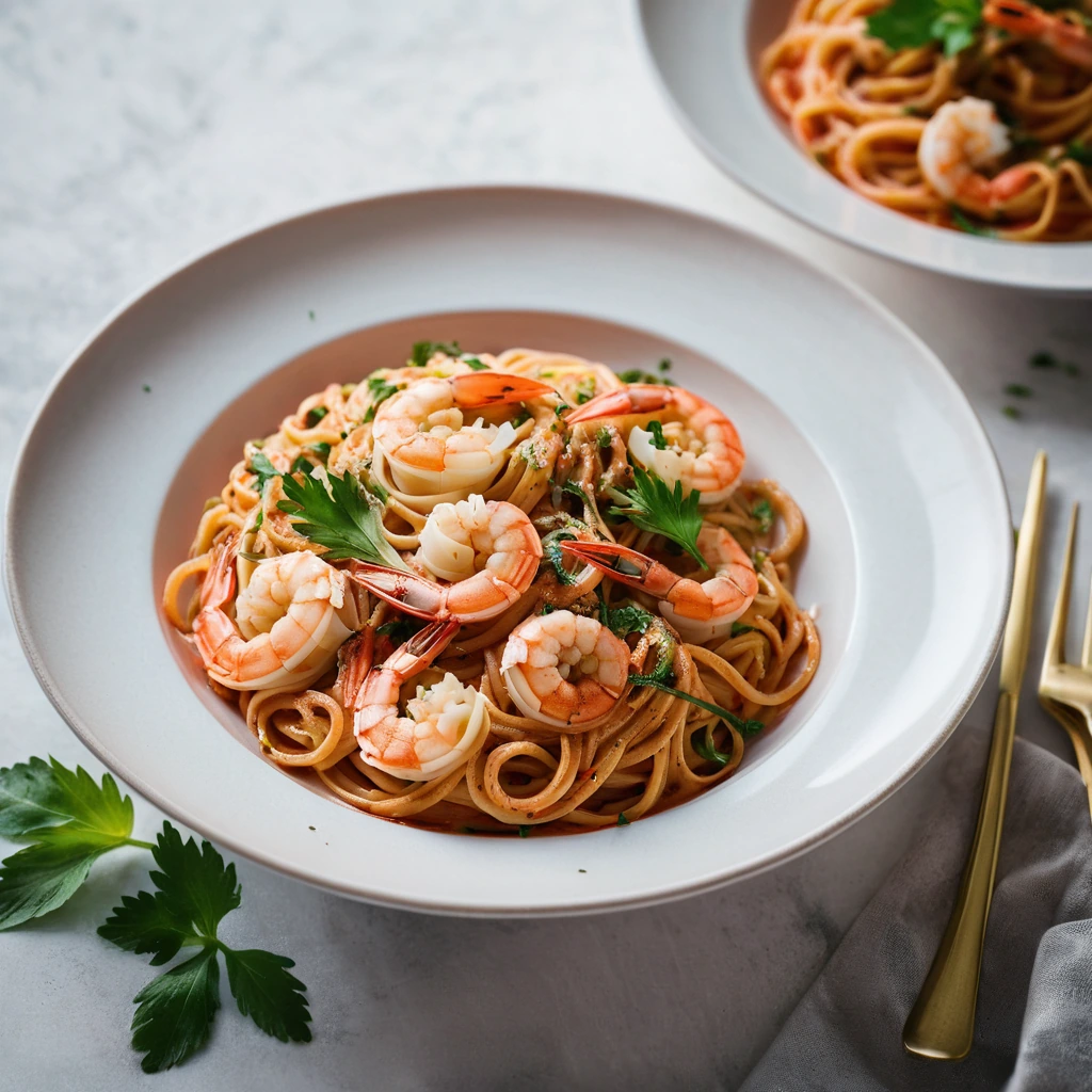 Golden linguine in a vibrant red sauce with plump pink prawns garnished with fresh parsley.