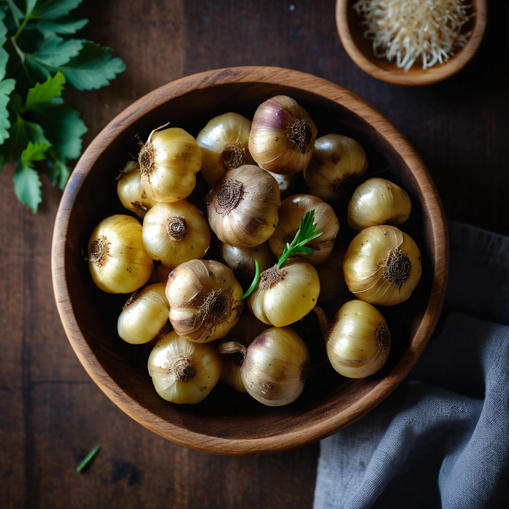 Golden roasted potatoes nestled in a pool of caramelized garlic, served in a rustic wooden bowl.