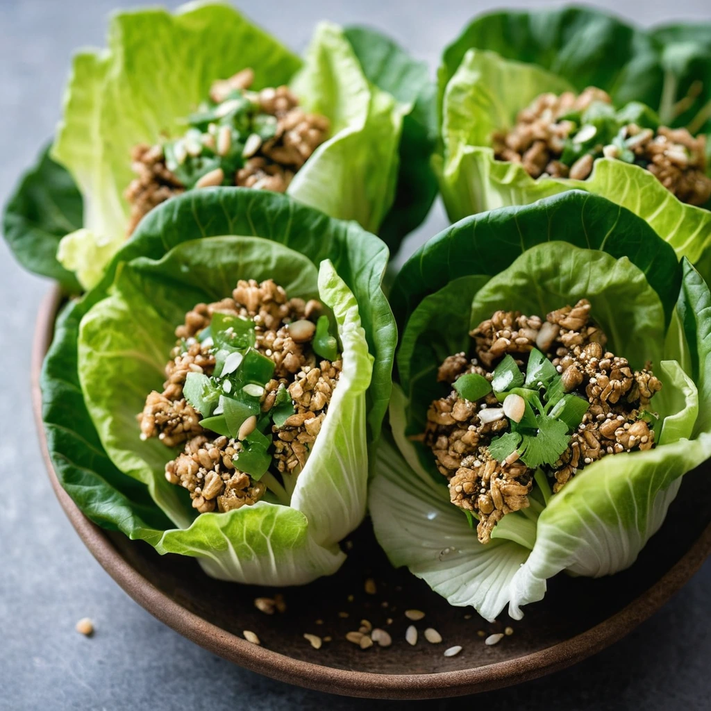 Chicken mixture in green lettuce cups with a sprinkle of sesame seeds