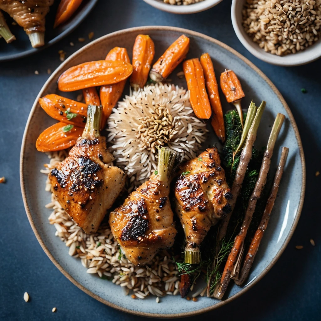 Platter of golden roasted carrots with sesame seeds and caramelized edges next to glazed chicken thighs