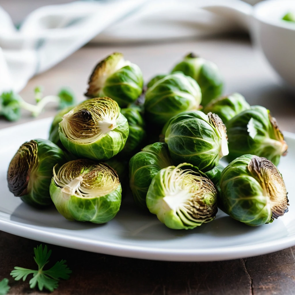 Golden brown Brussels sprouts bites arranged on a white plate with fresh parsley scattered on top.