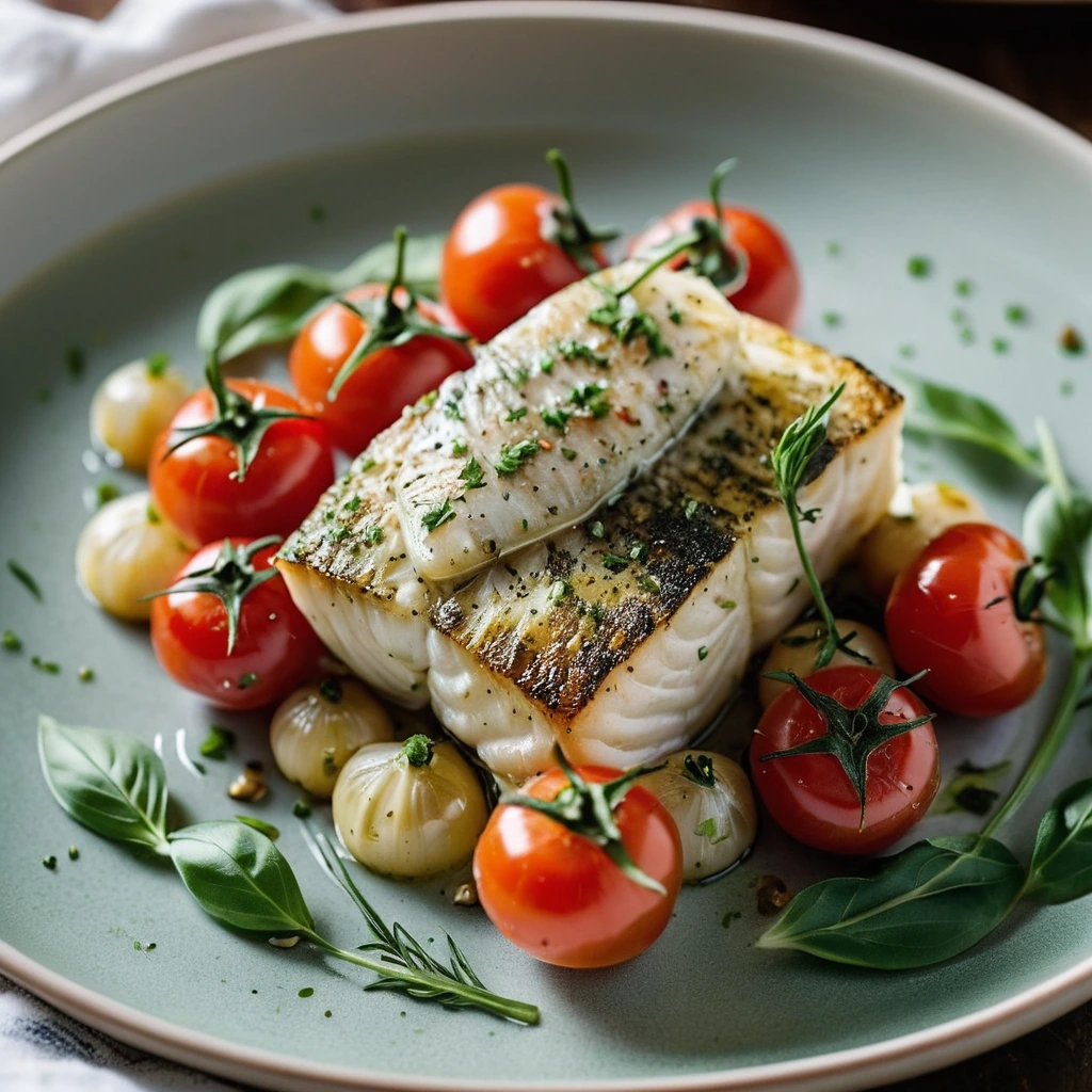 Golden cod fillets resting on a bed of roasted red cherry tomatoes, drizzled with a vibrant green herb butter.