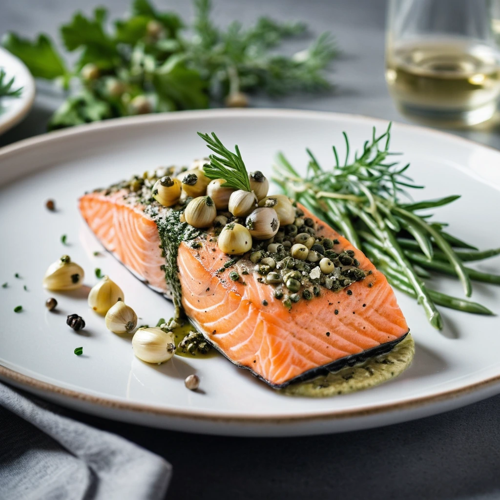 Golden salmon fillet on a white plate, topped with a glossy herb butter and green capers, surrounded by fresh herbs.