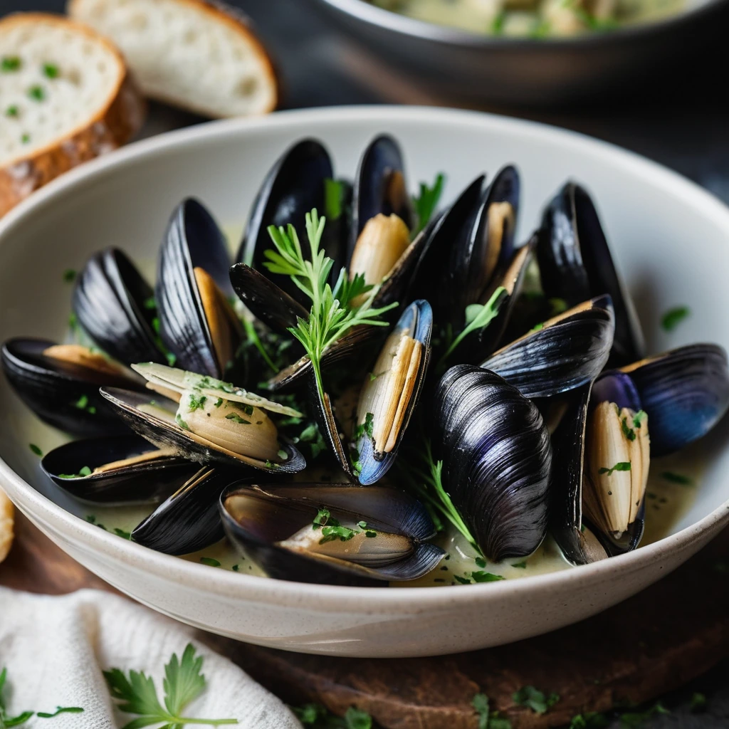 Steaming bowl of mussels in a golden sauce with sprigs of fresh herbs, served with a slice of golden crusty bread.