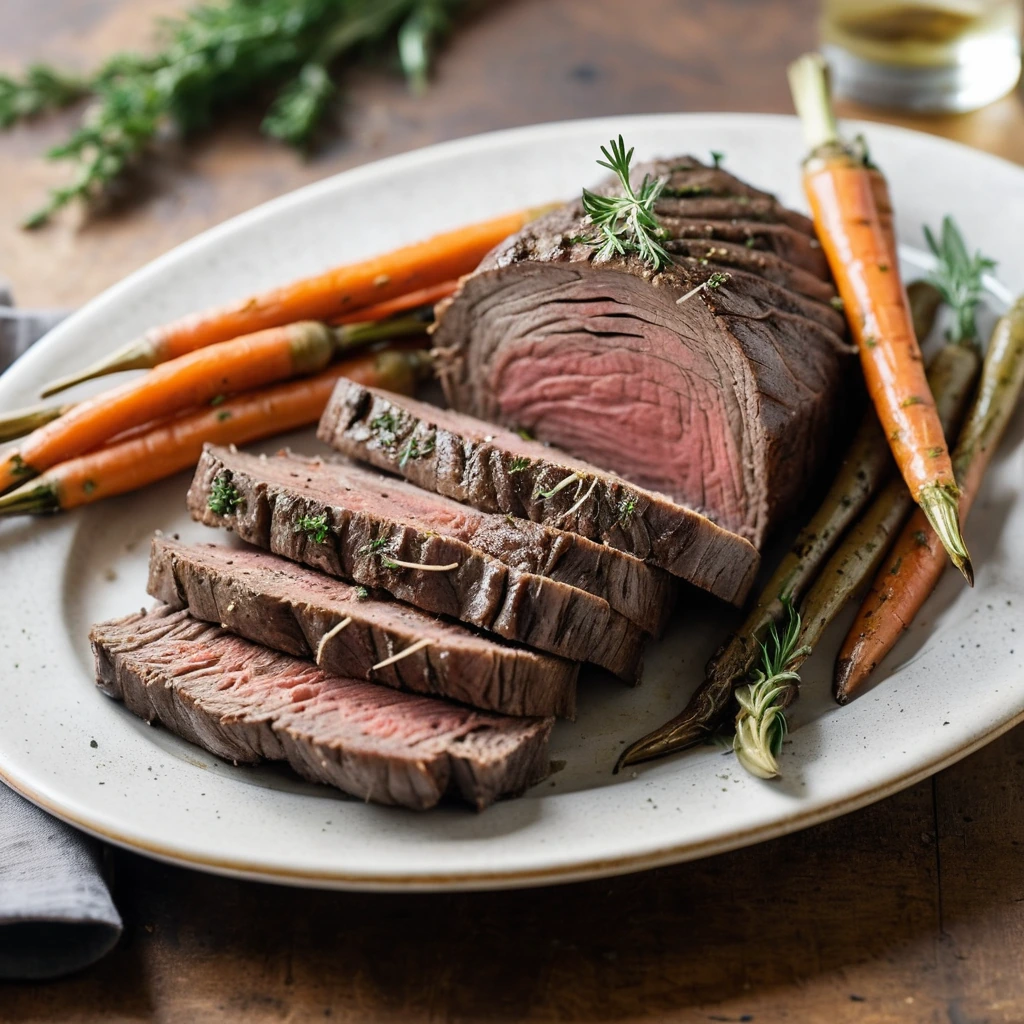 Roast beef carved on a platter with golden roasted carrots, sprinkled with fresh herbs.