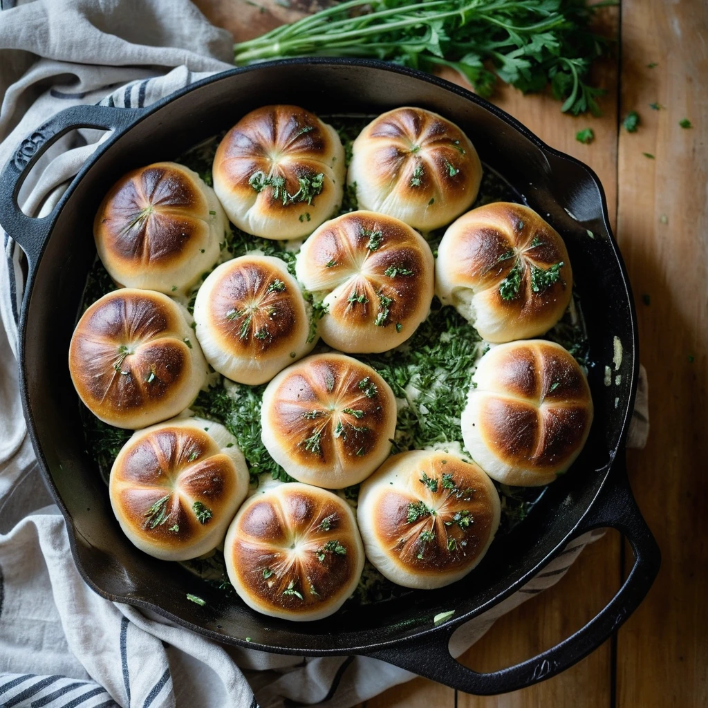 Golden brown dinner rolls in a cast iron skillet, sprinkled with fresh parsley.