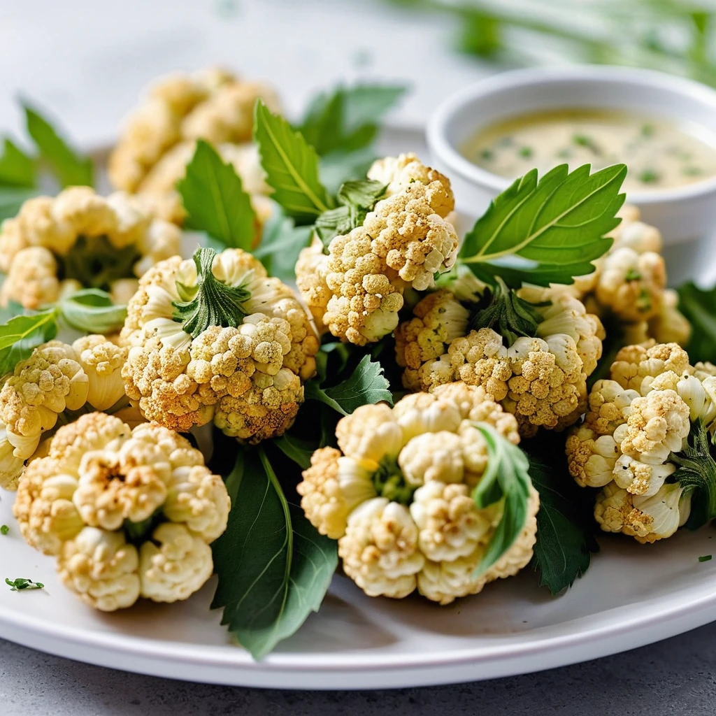 Golden crispy cauliflower florets sprinkled with fresh herbs on a white plate