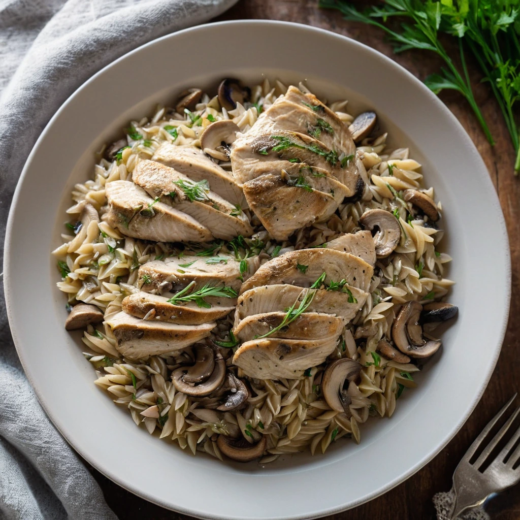 Golden orzo pasta in a creamy sauce with sliced chicken breasts and mushrooms, sprinkled with fresh herbs.