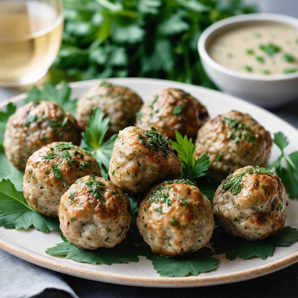 Golden brown meatballs arranged on a platter, sprinkled with fresh herbs, served with a side of sauce.