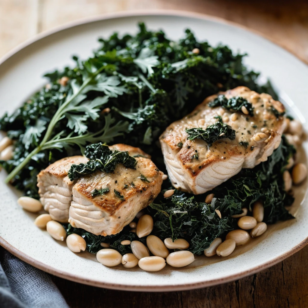 Chicken thighs with white beans and kale in a golden sauce on a rustic wooden platter