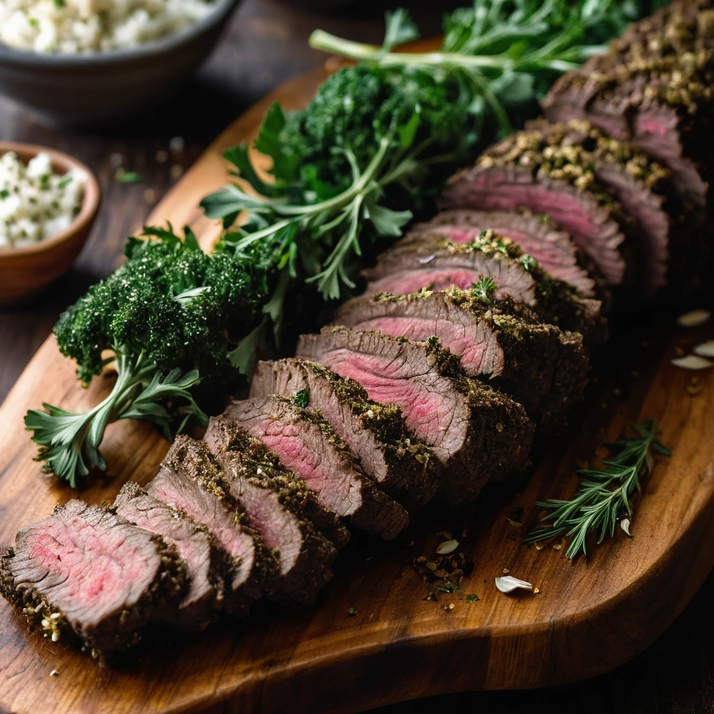 Prime rib tips with a golden garlic herb crust served on a rustic wooden board.
