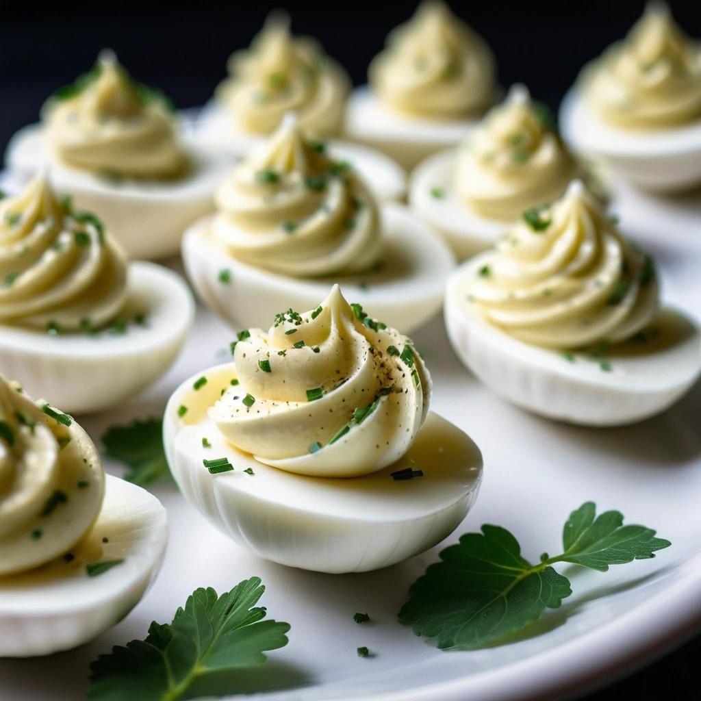 Platter of golden deviled eggs with green herb specks and a swirl of filling