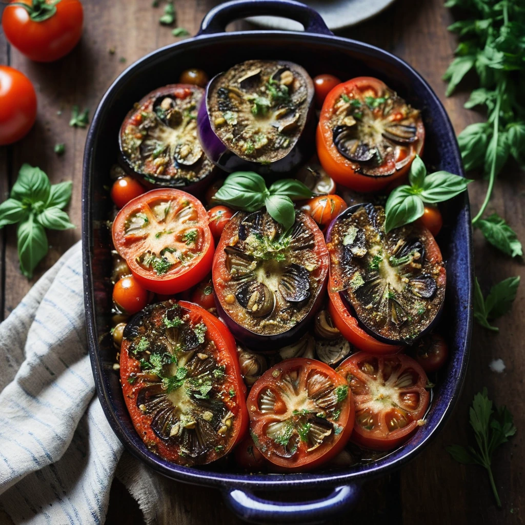 Baked eggplant and tomatoes in a rustic baking dish, topped with fresh herbs and golden olive oil.