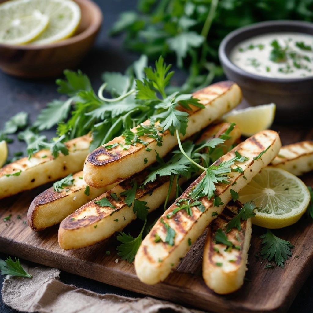 Plump golden halloumi fries garnished with fresh herbs on a rustic wooden board