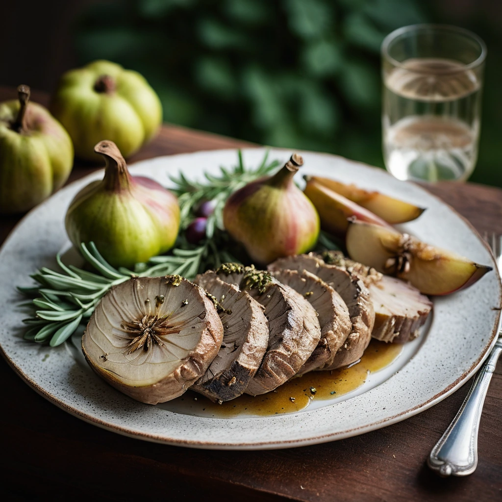Golden roasted pears nestled beside a juicy, herb-crusted pork roast on a rustic platter.