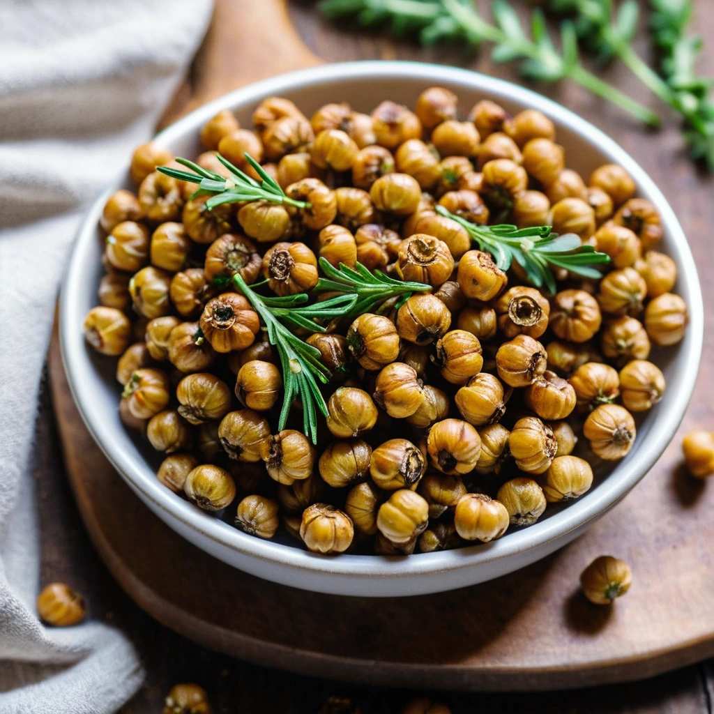 Golden roasted chickpeas sprinkled with fresh herbs on a rustic wooden board.